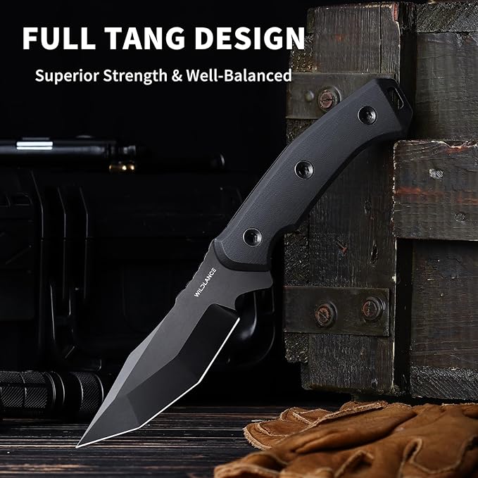 Camping Knife Full Tang 9.8 Hunting Knife with Kydex Sheath 4.1 Fixed Blade DC53 Steel Camping Knives for Hiking Survival Outdoor FBK-001