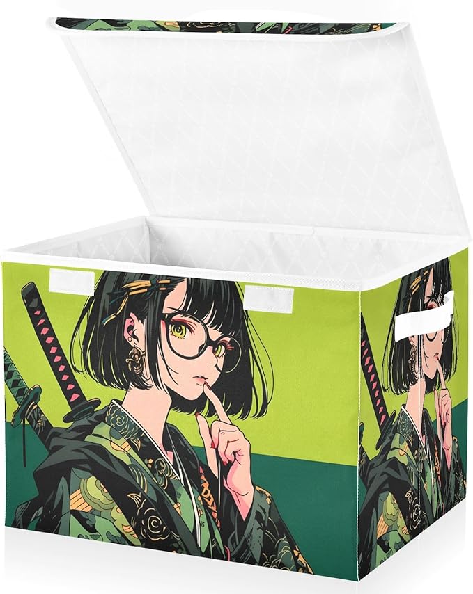 Green Samurai Storage Cube Bins Basket with Lid Collapsible Flip-top Fabric with Handle for Home Bedroom Closet Office 16.5×12.6×11.8 in