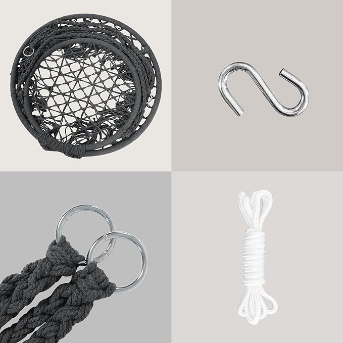 SUNCREAT Hammock Chair Hanging Macrame Swing with Hardware Kits Max 330 Lbs Handmade Knitted Mesh Rope Swing Chair for Indoor Outdoor Bedroom Patio Yard Garden Pack of 2 Grey