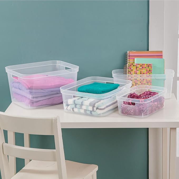 Sterilite 8.25x12.25x15 Inch Modern Polished Storage Bin w/Comfortable Carry Through Handles &amp Banded Rim for Household Organization Clear (6 Pack)