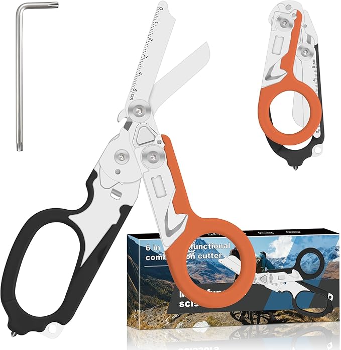 Lemasa6 in 1 6 in 1 trauma shears Folding Retractable Emergency Shears Outdoor Camping Tools Seat Belt Cutter Oxygen Cylinder Wrench Complimentary Adjustable Wrench (Black Orange)
