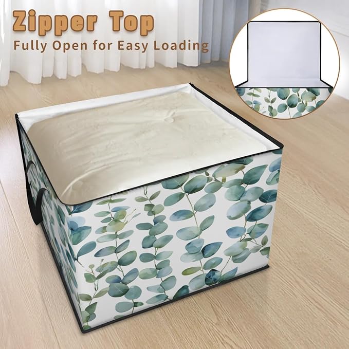 XL Large Clothes Storage with Lid Handle Eucalyptus Leaf Large Thick Clothes Blanket Storage Containers for Organizing Bedroom Closet Comforter Organization Storage Sage Green Spring