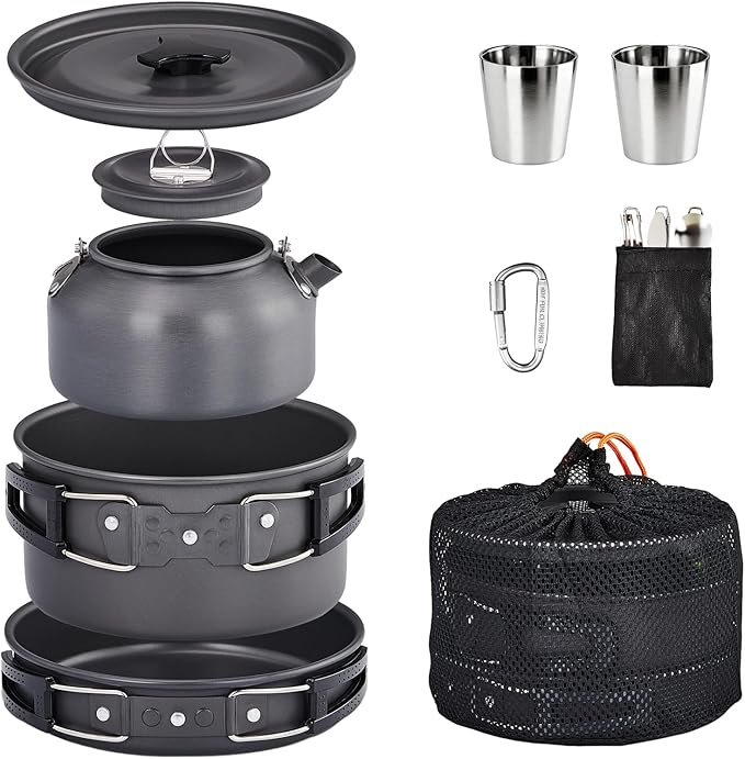 ROVSUN 34/10/6 pcs Camping Cookware Mess Kit Lightweight Non-Stick Camping Cooking Pot and Pan Set with Stainless Steel Camping Gear Kettle Cup for Open Fire Backpacking Outdoor Cooking