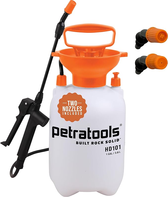 Petratools 1 Gallon Pump Sprayer – HD101 Garden Sprayer for Weeds Lawn Care &amp Pesticides – 52” Long Hose 2 Nozzles &amp Easy Carry Handle – Durable &amp Lightweight