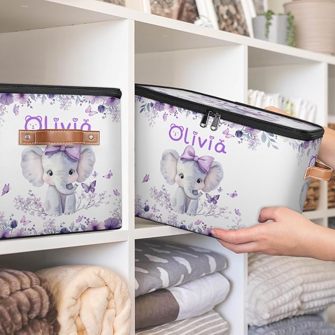 Custom Elephant Storage Bins with Lid Foldable Personalized Storage Basket Boxes with Handle Purple Flowers Shelf Basket Closet Organizer Cube