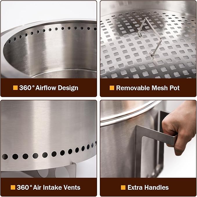 BRIOPAWS Large Smokeless-fire-pit Outdoor | 15 IN | 304 Stainless-Steel-Firepit | Portable Solo Fire Pits for Outside Camping | Low Smoke Stove | Wood Burning Chimenea Inclu. Bag BBQ Forks Handles