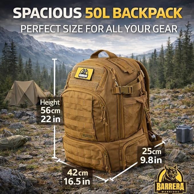 50L Tactical Backpack Military Rucksack - Heavy Duty 1000D Waterproof MOLLE Backpack Large Capacity 3 Day Assault Bag for Camping Hiking Survival Bug Out Bag (Coyote Brown/ Tan/ Military Tan)