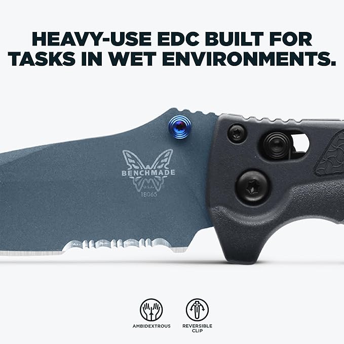Benchmade - Mini Adira Outdoor Water Fishing Knife Drop-Point Serrated Blade with Tempest Gray Grivory Handle (18065SBT-01)