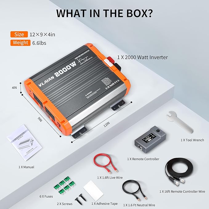 2000W Pure Sine Wave Inverter12V DC to 110V AC Power Inverter for Vehicles RVTruckCarSolar Off-Grid Converter with 2 AC Outlet27W Type-C5V 3A USB-AHardwire Port16ft Remote Controller