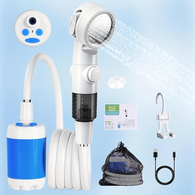Portable Camping Shower Outdoor Camp Shower PumpUpgrade Rechargeable Electric Shower Pump with Intelligent Digital Display Multiple Spray Modes for Camping Hiking Traveling