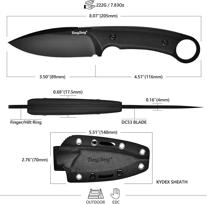Fixed Blade Knife with Sheath 3.5” DC53 Steel blade with Black Titanium Coating and G10 Handle Full Tang Outdoor Camping Hiking Survival Knives for Men Women