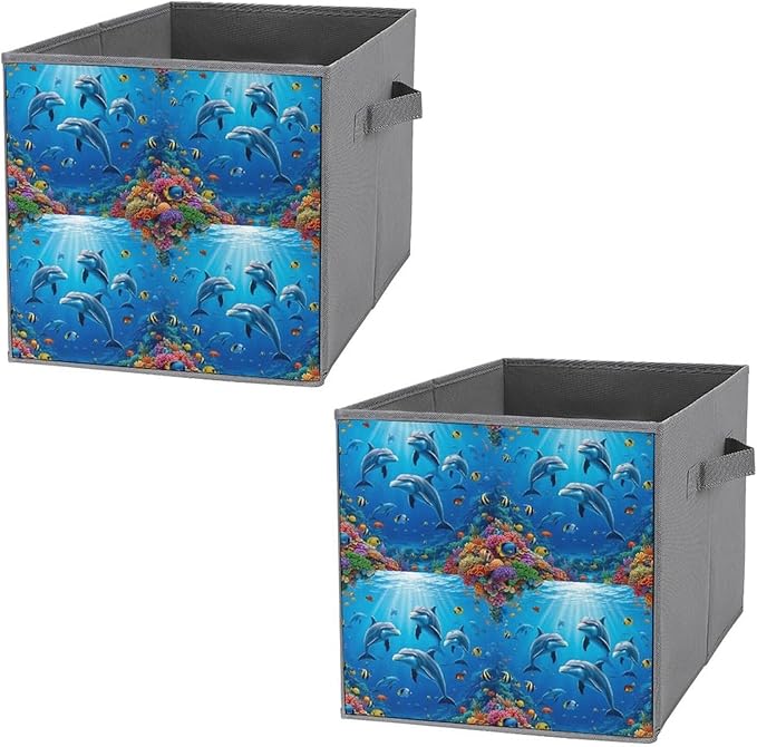 Foldable Storage Box with Handles Dolphin Underwater World Durable Collapsible Cube Bin for Organizing Toys Books Clothes Versatile Home &amp Office Solution