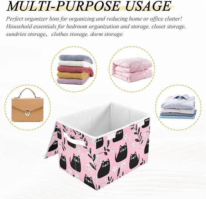 Cartoon Cute Cats Storage Cube Bins Basket with Lid Collapsible Flip-top Fabric with Handle for Home Bedroom Closet Office 16.5×12.6×11.8 in