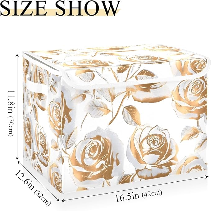 ALAZA Gold Rose Storage Bins Organizer Box Baskets Lidded Clothes for Shelves Closet Collapsible Stackable Storage Cubes Handles