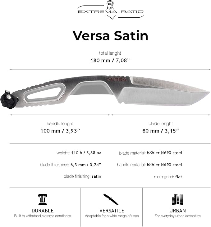 Extrema Ratio - Versa (Satin) Fixed Blade Knife Böhler N690 steel blade hardened to 58 HRC satin finish ergonomic aluminum handle scales reversible pocket clip handcrafted in Italy