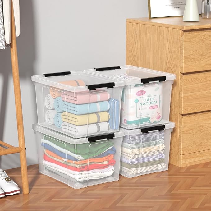4-Pack 22 Quart Plastic Storage Bins with Lids Plastic Latching Storage Box with Wheels Clear