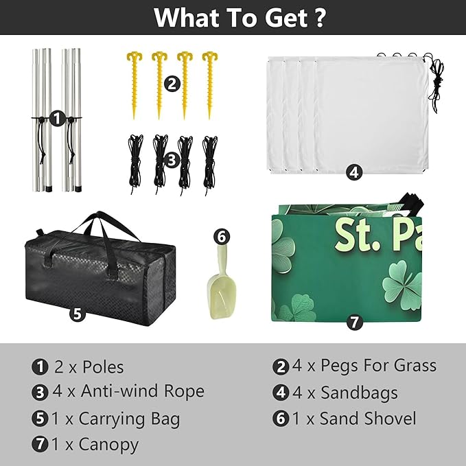 St. Patrick's Day Beach Canopy Sun Shelter with Sandbags &amp Sand Shovel &amp Windproof Ropes - Portable 110x126 Beach Shade Beach Tent for Camping Picnics