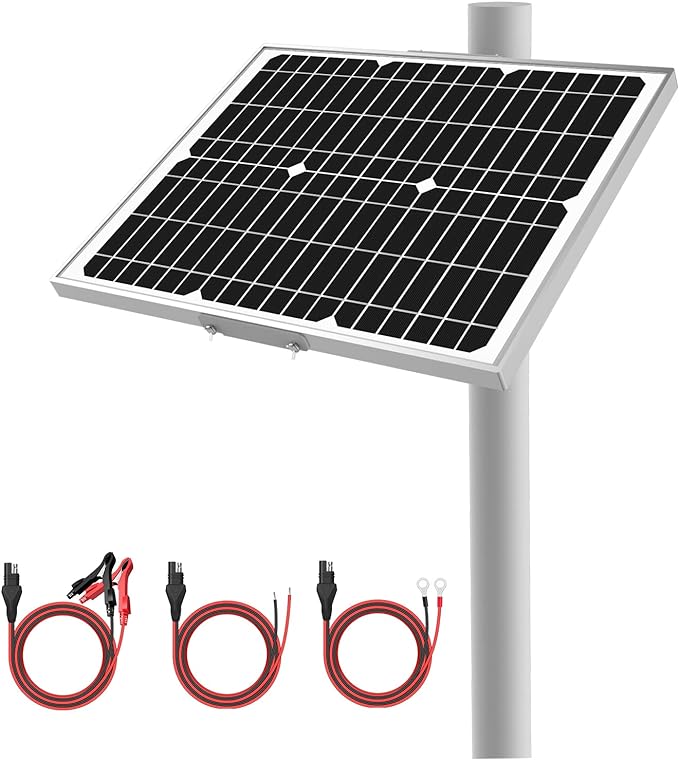 12V 20W Solar Battery Trickle Charger &amp Maintainer - Waterproof 20 Watt Solar Panel Built-in Smart MPPT Charge Controller + Adjustable Pole Mount Brackets for Pole Dia 1.5-3.0inch/40-80mm