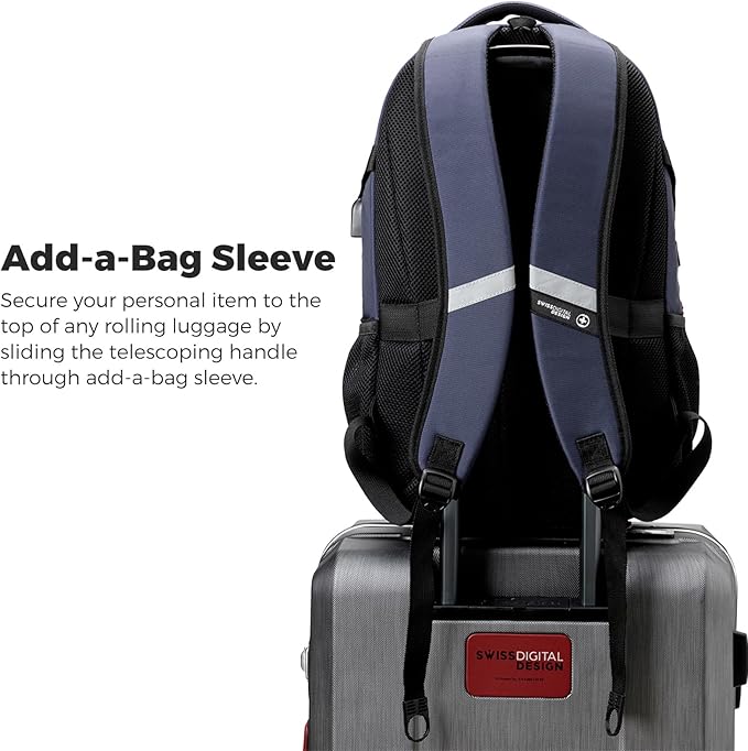 Swissdigital Design Laptop Backpack with USB Charging Port Travel Backpack Fits 15.6 inches Computer 31L College School Backpack for Men Blue/Black | SD803-12