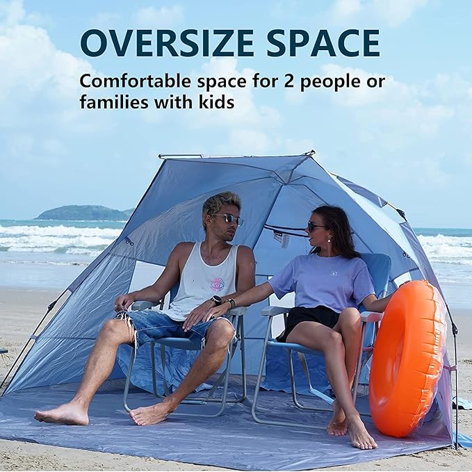 KingCamp Beach Tent Pop Up Shade 10s Easy Set Up Portable Beach Canopy Tent Sun Shelter for 3-4 Person Lightweight Instant Tent with Extendable Floor Beach Outdoor Camping Picnic
