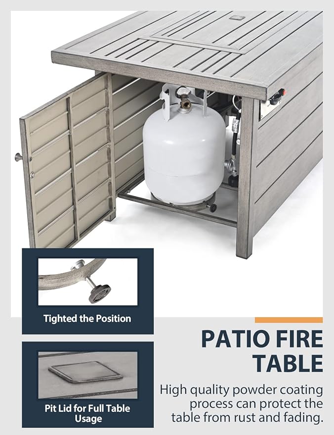 Propane Fire Pit Table HAPPATIO 48inch 50000 BTU Gas Fire Pit with Aluminum Slats Table Top Lid Black Glass Rock Aluminum Fire TableCSA Safety Certified for Outside Patio(Gray)