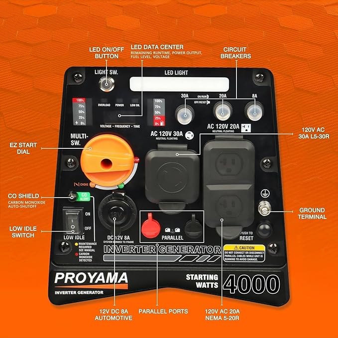 PROYAMA 4000W Portable Gas Inverter Generator CO Sensor Digital Interface RV - Ready LED Light ECO - Mode Parallel Capable Low Oil Shutoff Super Quiet and Lightweight with Weatherproof Cover