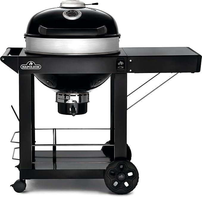 Napoleon PRO22 Charcoal Kettle Grill with Folding Cart Black Porcelain-Enameled Lid and Bowl Chrome-Plated Cooking Grid