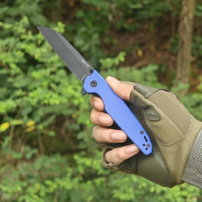 D2 Steel Folding Pocket Knife with Reversible Clip: 3.14 Black Sheepsfoot Blade Liner Lock G10 Handle Small EDC Flipper Knives Camping Tool for Man &amp Women Blue