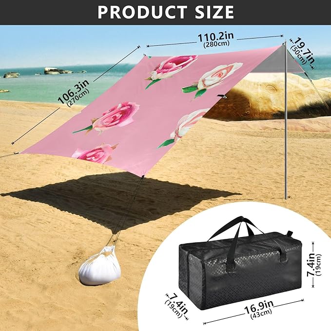 Watercolor Roses Pink Beach Tent Sun Shelter Set UPF50+ UV Protection 10.5 x 9.19 FT Camping Shade Canopy with Sandbags Sand Anchors Carrying Bag and Others