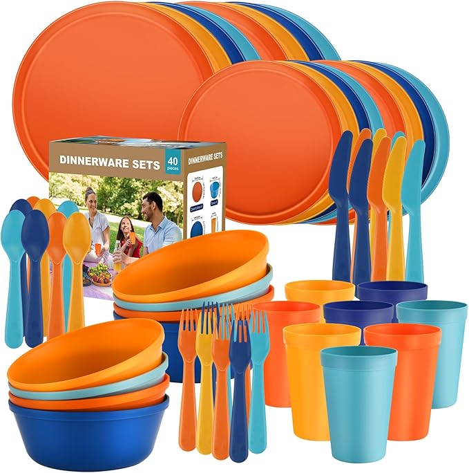 40 Piece Plastic Dinnerware Set for 8 with Cutlery Unbreakable Plates and Bowls Set Dishwasher &amp Microwave Safe Reusable Dish Set for Camping RV Outdoor Kitchen Apartment DiningTropic Multic