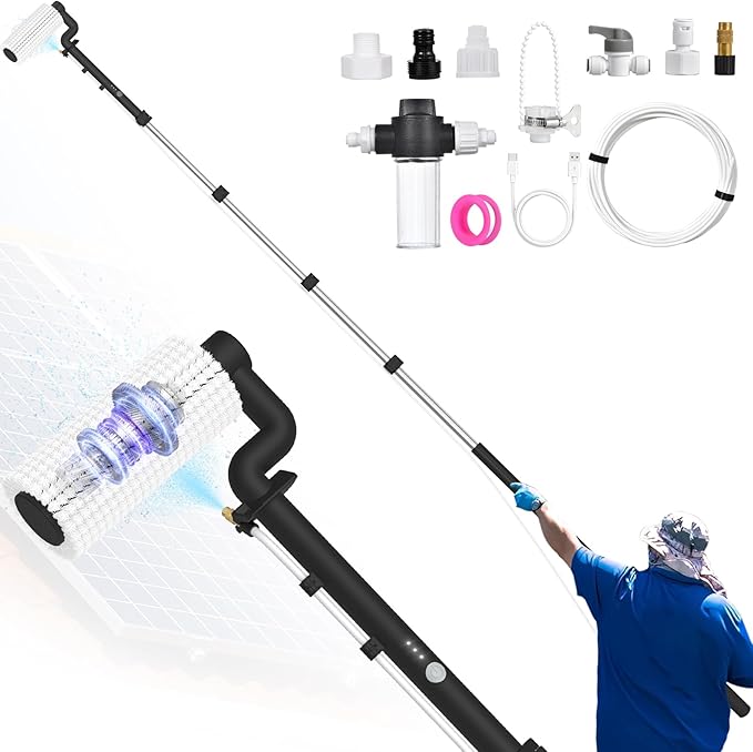 Solar Panel Cleaning Brush and Pole 20FT Electric Cleaning Roller Brush with Telescopic Water Fed Pole 100Mins Runtime 2 Spin Speeds Outdoor Window Cleaning System for Solar Panel Window Roof