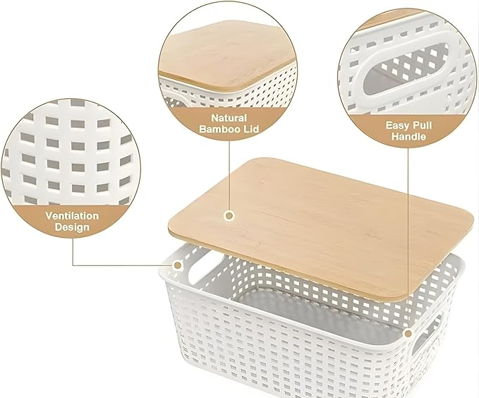 Plastic Storage Bins with Bamboo Lids 6 Pack Stackable Kitchen Organizer Containers with Natural Bamboo Lids Pantry Organizer bins for Garlic Onions (Produce &amp Spice Set)