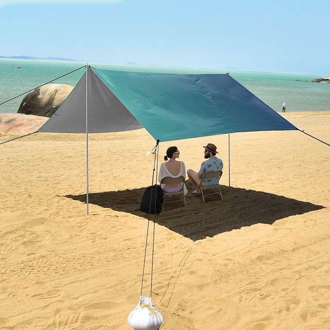 Blue Gradient Foldable Beach Tent UPF50+ Protection Easy Setup Sun Shelter with Sturdy Poles Sandbags and Shovel for Backyard and Camping