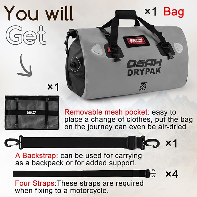 OSAH DRYPAK Waterproof Duffel Bag - Motorcycle Dry Bag Tail Bag with Large Storage Space Waterproof Luggage Duffle Bags with Outer Mesh Zipper Pocket for Camping Kayaking Fishing &amp Traveling