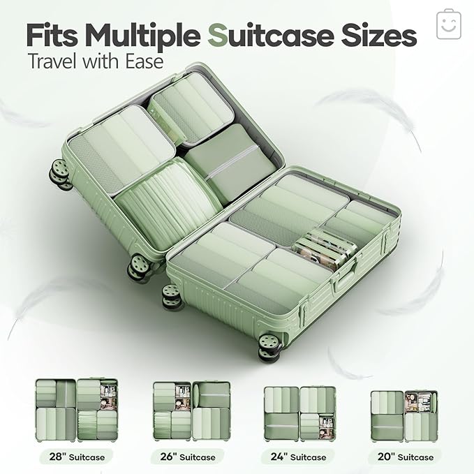 Veken 11 Set Compression Packing Cubes for Travel EssentialsCompressible Expandable Large Luggage Suitcase Organizer Bags for ClothingDurable Space Saver Storage Bags(Matcha Green)