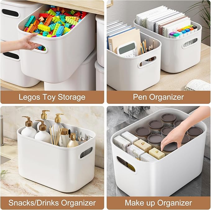 6 Pack White Storage Bins with Lids Stackable Storage Container for Organizing Small Storage Boxes with Handle for Shelves Cute Organizer Bins for Craft Snacks 9.85x6.9x5.7 inch