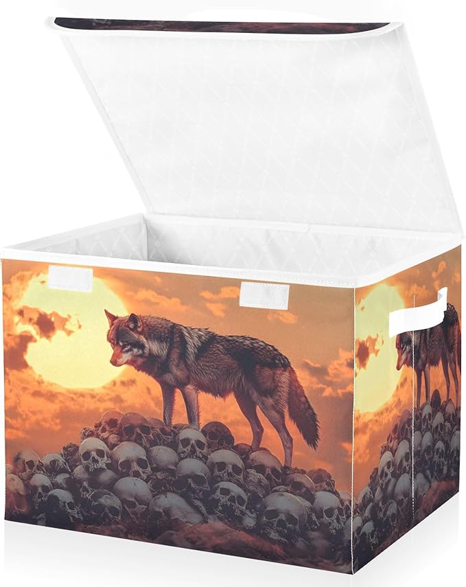AIXIWAWA Lidded Storage Cube (Wolf on Skulls) Fabric Foldable Closet Bins with Flip Lid and Handles Organizer Basket Container 16.5 x 12.6 x 11.8 IN