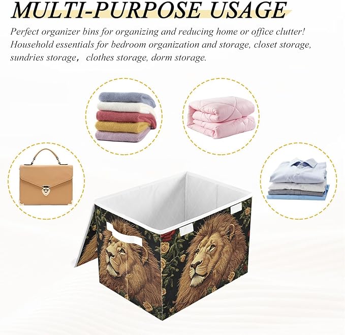 Storage Cube with Lid Lion with Floral Print 16.5×12.6×11.8 IN Collapsible Large Capacity Foldable Storage Basket Bin Organizer