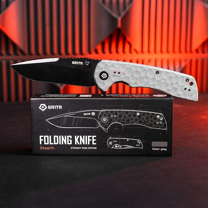 GRITR Stealth Folding Pocket Knife w/ 3.5 D2 Steel Blade for Military Hunting Camping Hiking – Gray Handle Non-Serrated Blade with Stonewashed Finish