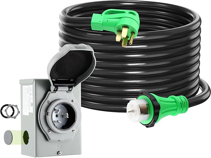 Gisafai 50 Amp 25FT Generator Cord and Pre Drilled Power Inlet Box Compatible with NEMA 14-50P to SS2-50R 125/250V Locking Connector with SS2-50P Generator Inlet Box to House ETL Listed