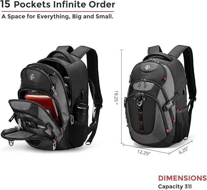 Swissdigital Design Laptop Backpack with USB Charging Port Travel Backpack Fits 15.6 inches Computer 31L College School Backpack for Men Black/Grey | SD803-02