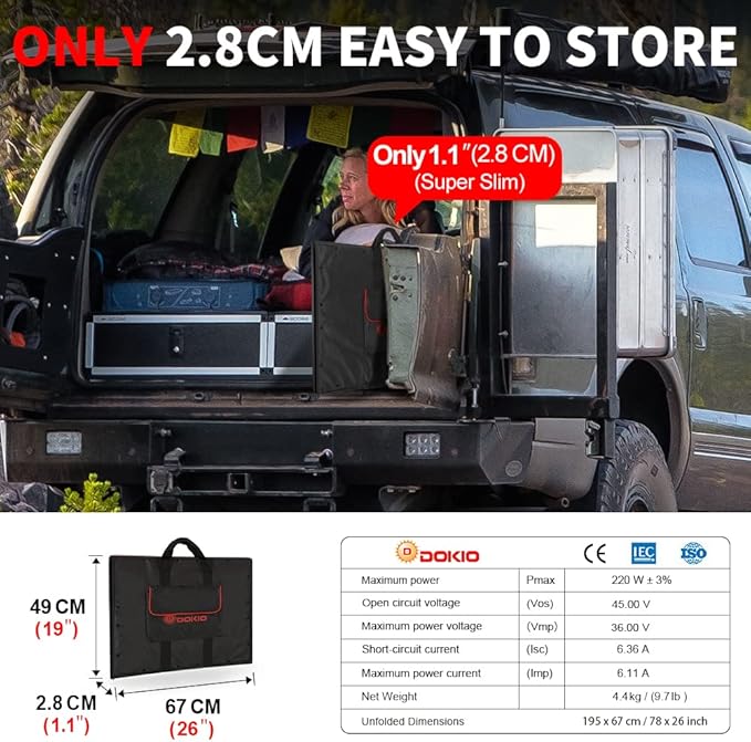 DOKIO 200W 36V Portable Foldable Solar Panel Kit Compact 19x26.4in Design 9.7lb with Standalone Controller and USB Monocrystalline Charger for 24V Batteries Power Stations RV Camping Emergency Use