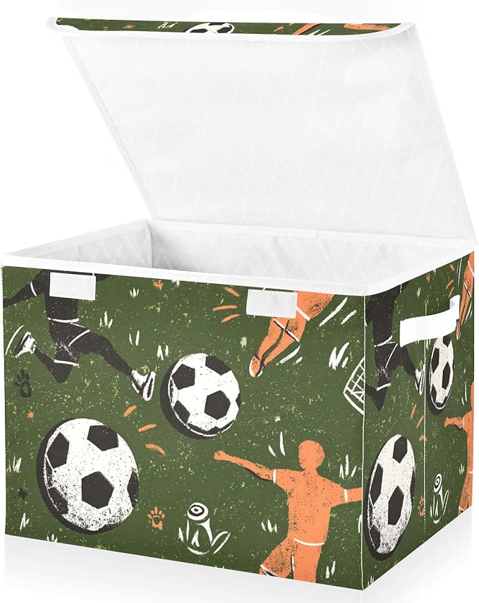 Green Soccer Player Ball Outline Storage Box with Lid 1 PC Foldable Storage Bin with Lids Stackable Storage Bins Cube Closet Organizer Basket with Flip-Top Lid &amp Handles for Shoes Books Towels