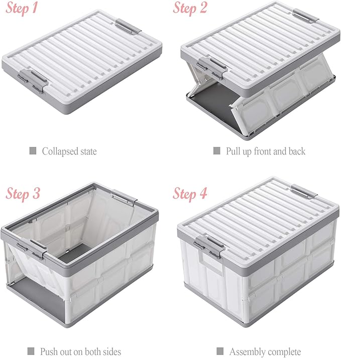 Collapsible Storage Bins with Lids 30L Folding Plastic Stackable Utility Crates 2-Pack Durable Containers for Home &amp Garage Organization - Oyster White