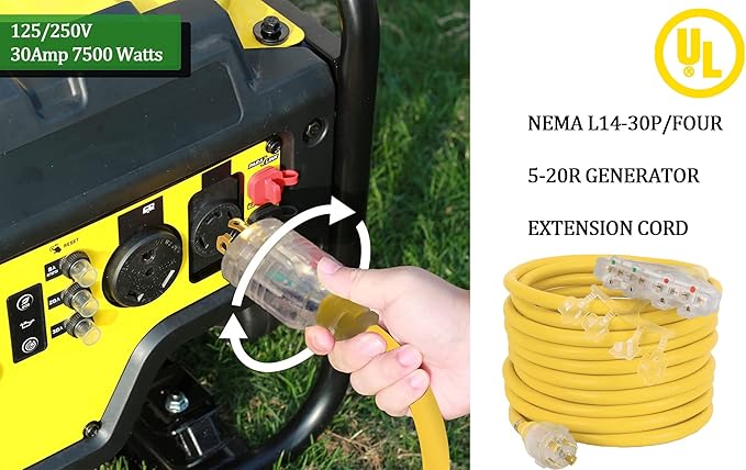 S7 25 Feet Heavy Duty Generator Adaptor Extension CordLocking CordNEMA L14-30P/Four 5-20R Generator Power Cord