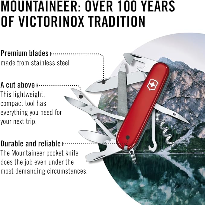 Victorinox Mountaineer Swiss Army Knife 18 Function Swiss Army Knife with 2 Blades Corkscrew Scissor and Hook - Red