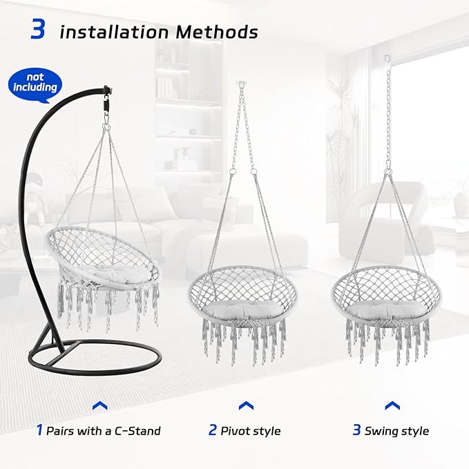 Hammock Chair Swing Cotton Rope Handwoven Hanging Chair 330 Pounds Capacity Tassels Hammock Swing for C-Hammock Stand Living Room Yard Garden Balcony (Grey)