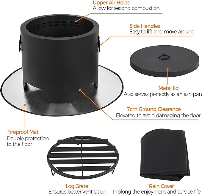 Yaheetech Smokeless Fire Pit for Outdoor Garden Patio Camping W/Silicone Fire Pit Mat &amp Fire Poker &amp Rain Cover &amp Lid &amp Log Grate 16in