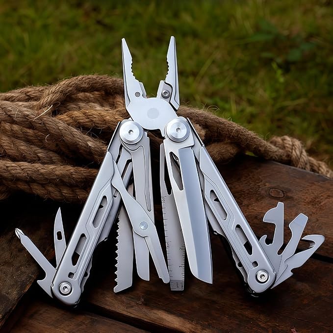 Multitool 15-in-1 Full-Size Lightweight EDC Multi-Purpose Pliers Stainless Steel Camping Knives &amp Tools Tactical Outdoor Gear Mens Gifts Ideas Gifts for Hunters Men who have Everything(Sil