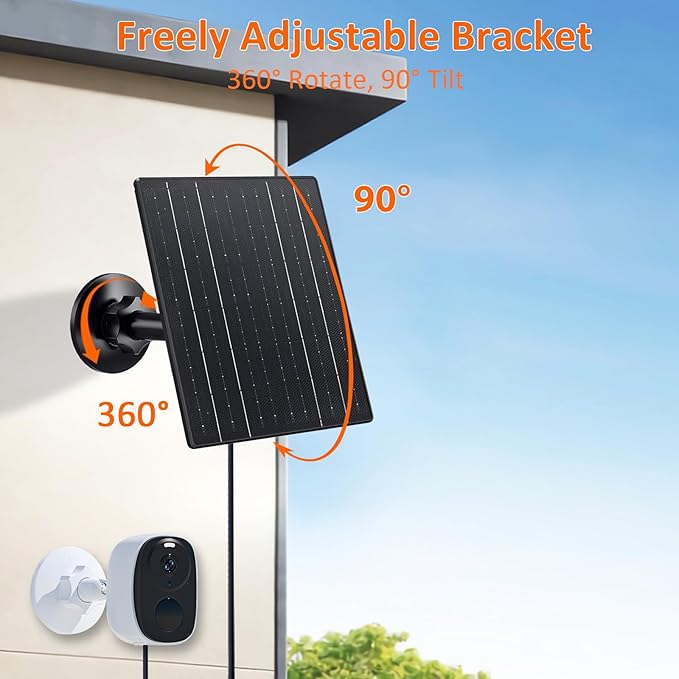Zivif 10W Solar Charger 5V Solar Panel for Security Cameras with USB-C/Micro USB/DC 5.5x2.1mm Ports IP66 Waterproof 360° Adjustable Mount &amp 7.2ft Cable (2 Pack)